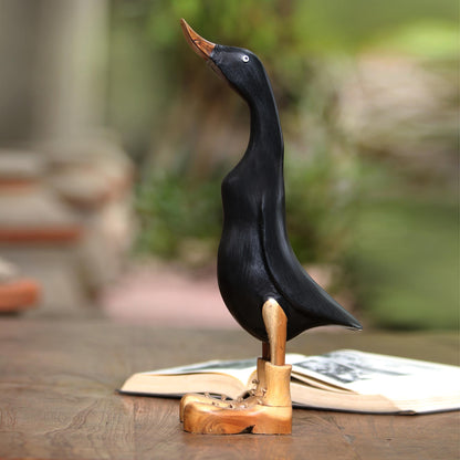 Stomping Duck in Black Black Acacia Wood and Bamboo Root Duck Sculpture from Bali