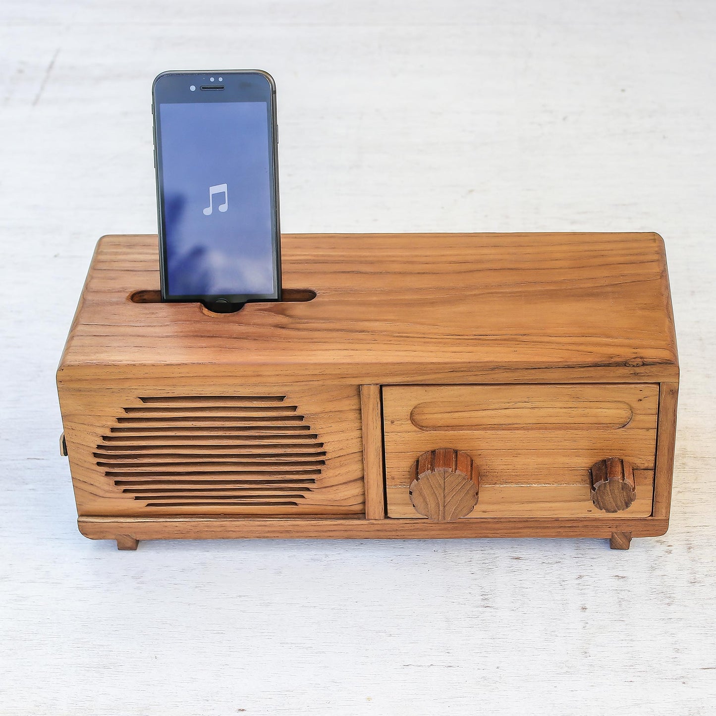 Vintage Radio Teak Wood Phone Speaker Shaped Like a Vintage Radio