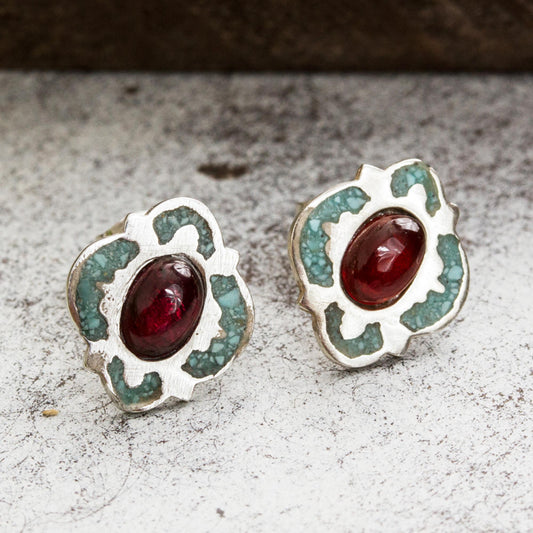 Nocturnal Gala Garnet and Recon. Turquoise Stud Earrings from Mexico