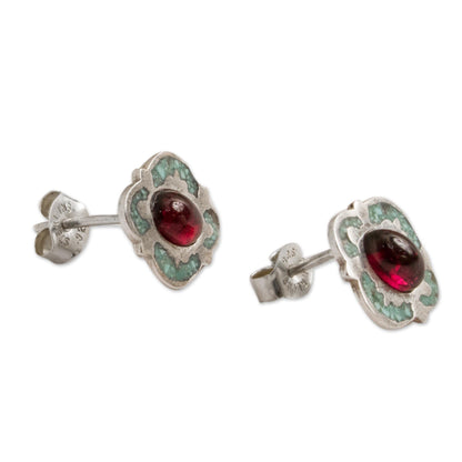 Nocturnal Gala Garnet and Recon. Turquoise Stud Earrings from Mexico