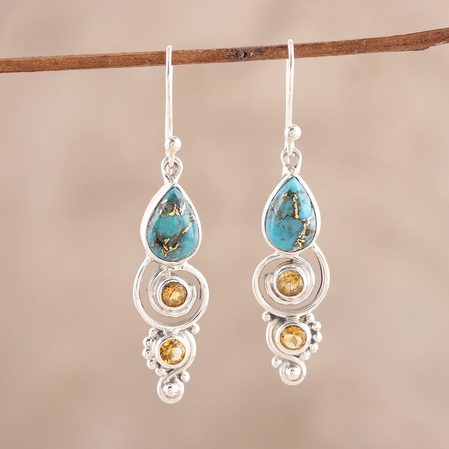 Glistening Curl Citrine and Composite Turquoise Dangle Earrings from India