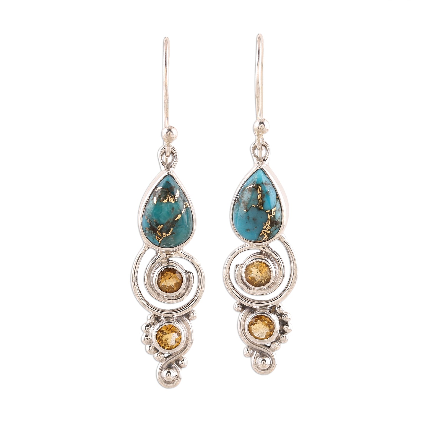 Glistening Curl Citrine and Composite Turquoise Dangle Earrings from India