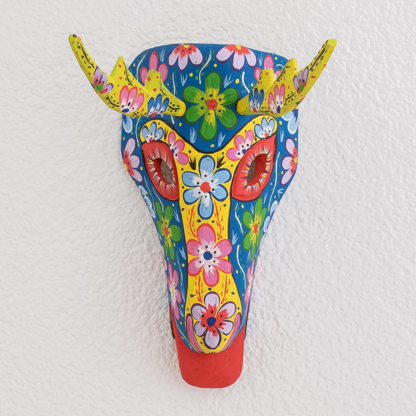 Floral Deer in Blue Floral Wood Deer Mask in Blue from Guatemala