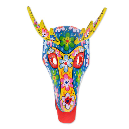 Floral Deer in Blue Floral Wood Deer Mask in Blue from Guatemala