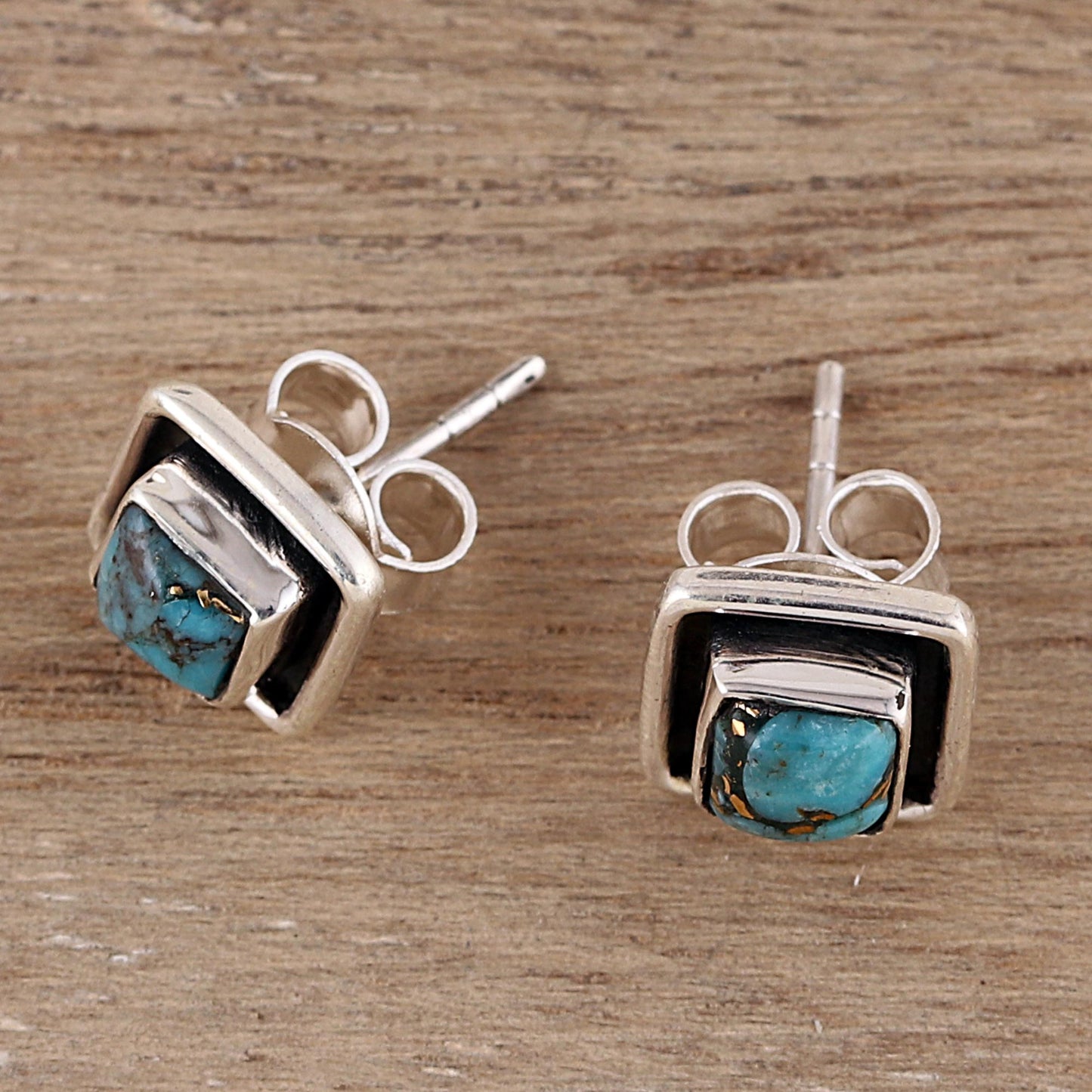 Mystic Frame Square Sterling Silver and Composite Turquoise Stud Earrings