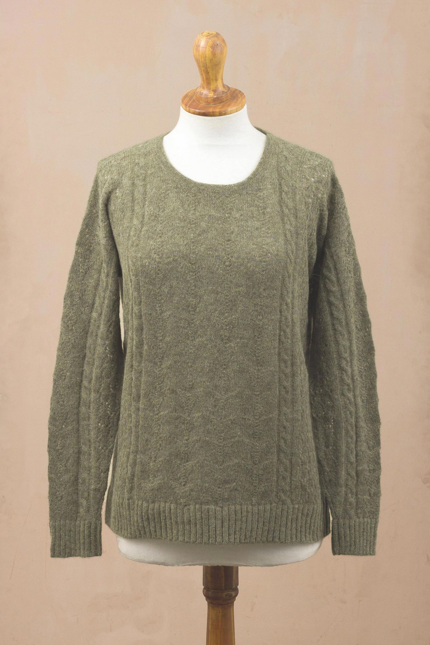 Warm Charm in Olive Cable Knit Baby Apaca Blend Pullover in Olive from Peru