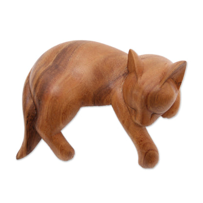 Snoozing Cat Natural Finish Suar Wood Sleeping Cat Sculpture from Bali