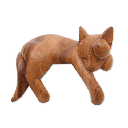 Snoozing Cat Natural Finish Suar Wood Sleeping Cat Sculpture from Bali