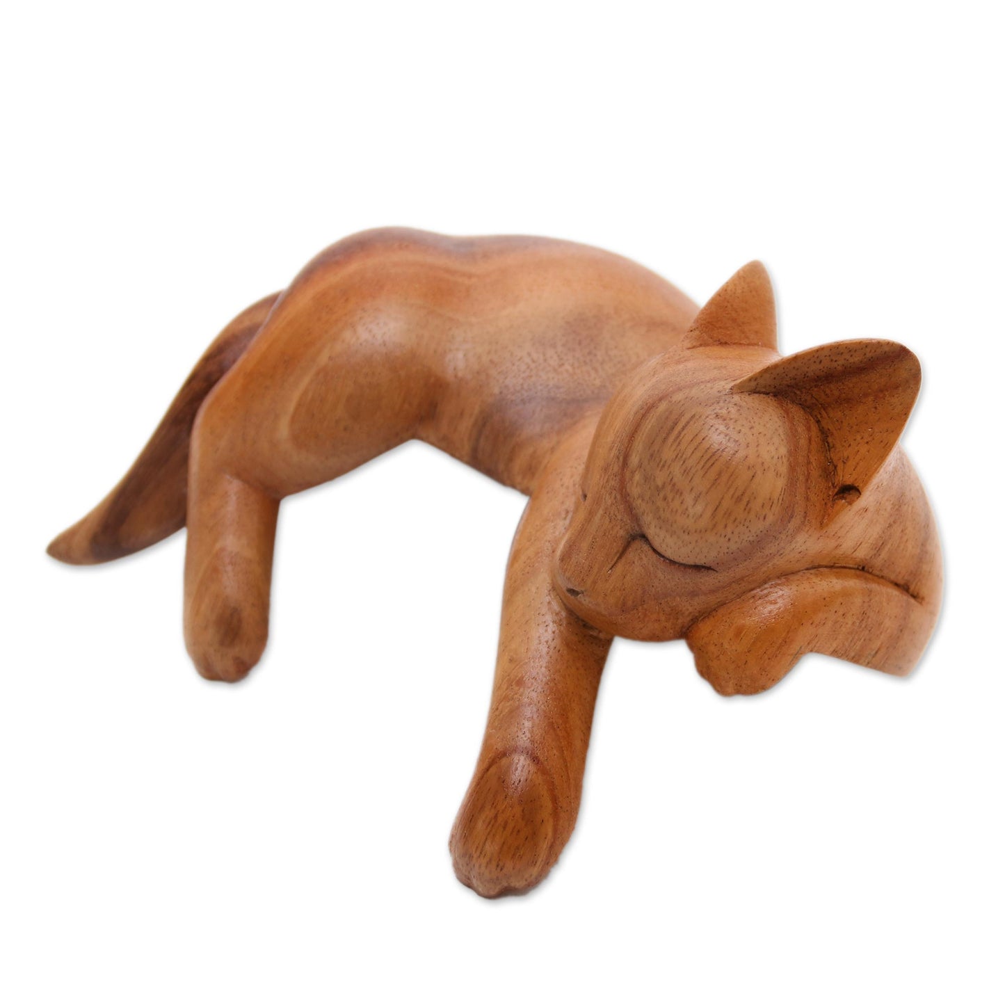 Snoozing Cat Natural Finish Suar Wood Sleeping Cat Sculpture from Bali