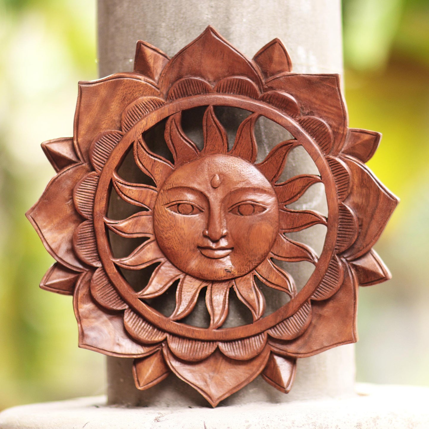 Sun Flower Floral Sun-Themed Suar Wood Relief Panel from Bali