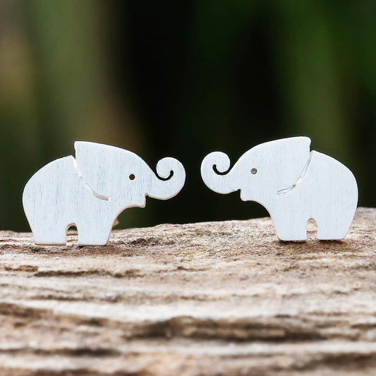 Curled Trunks Sterling Silver Elephant Stud Earrings with Curled Trunks