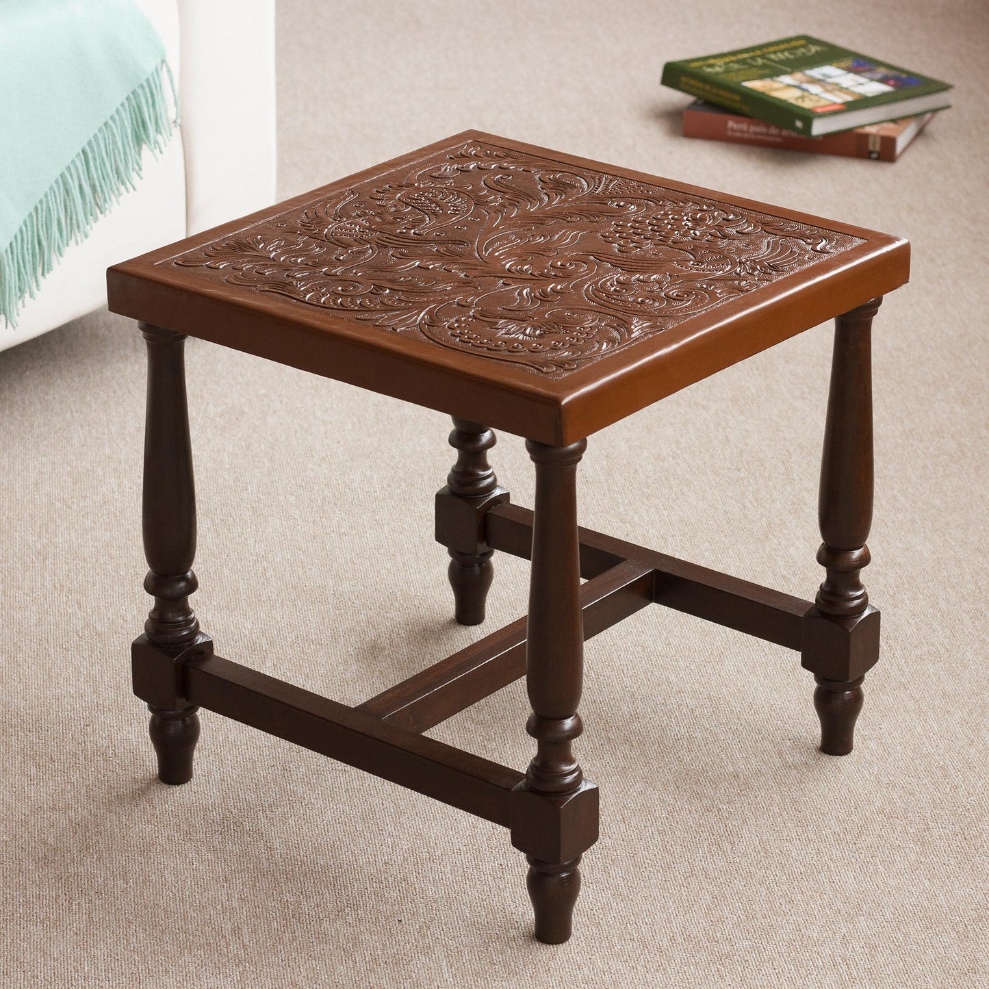 Mountain Garden Brown Nature-Inspired Leather and Wood Table from Peru