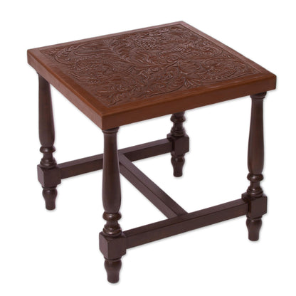 Mountain Garden Brown Nature-Inspired Leather and Wood Table from Peru