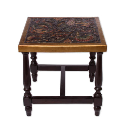 Peacock Garden Colorful Bird and Nature-Inspired Leather and Wood Table