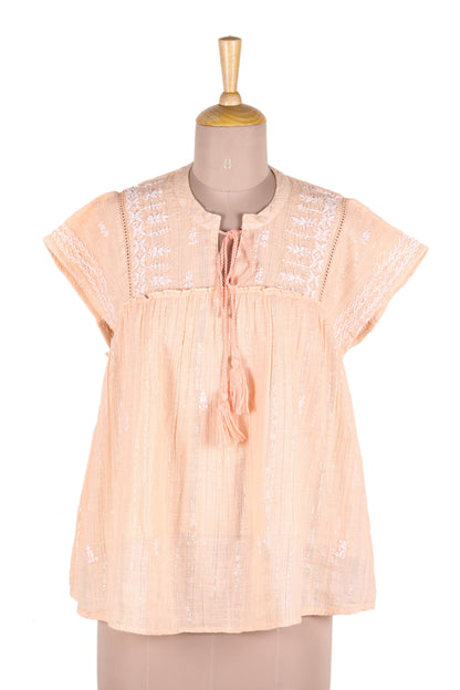 Peach Glory Embroidered Cotton Blend Blouse in Peach from India