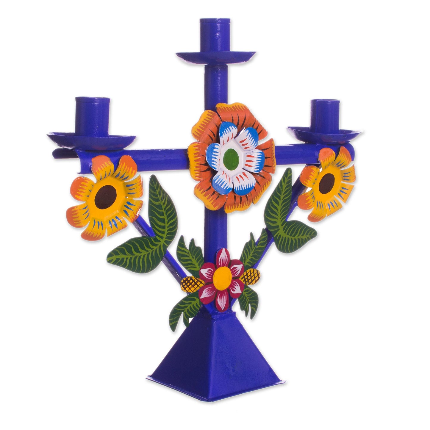 Margarita Temple in Blue Floral Recycled Metal Candelabra in Blue from Peru