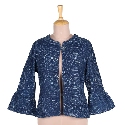 Mesmerizing Indigo Circle Motif Block-Printed Cotton Jacket from India