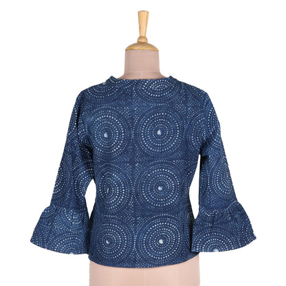 Mesmerizing Indigo Circle Motif Block-Printed Cotton Jacket from India