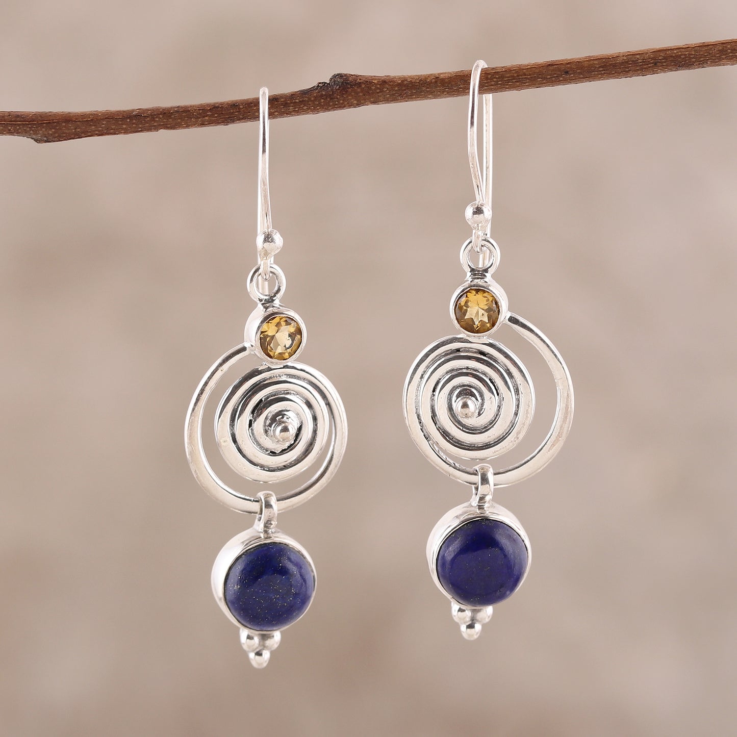 Gemstone Swirl Swirl Pattern Lapis Lazuli and Citrine Dangle Earrings