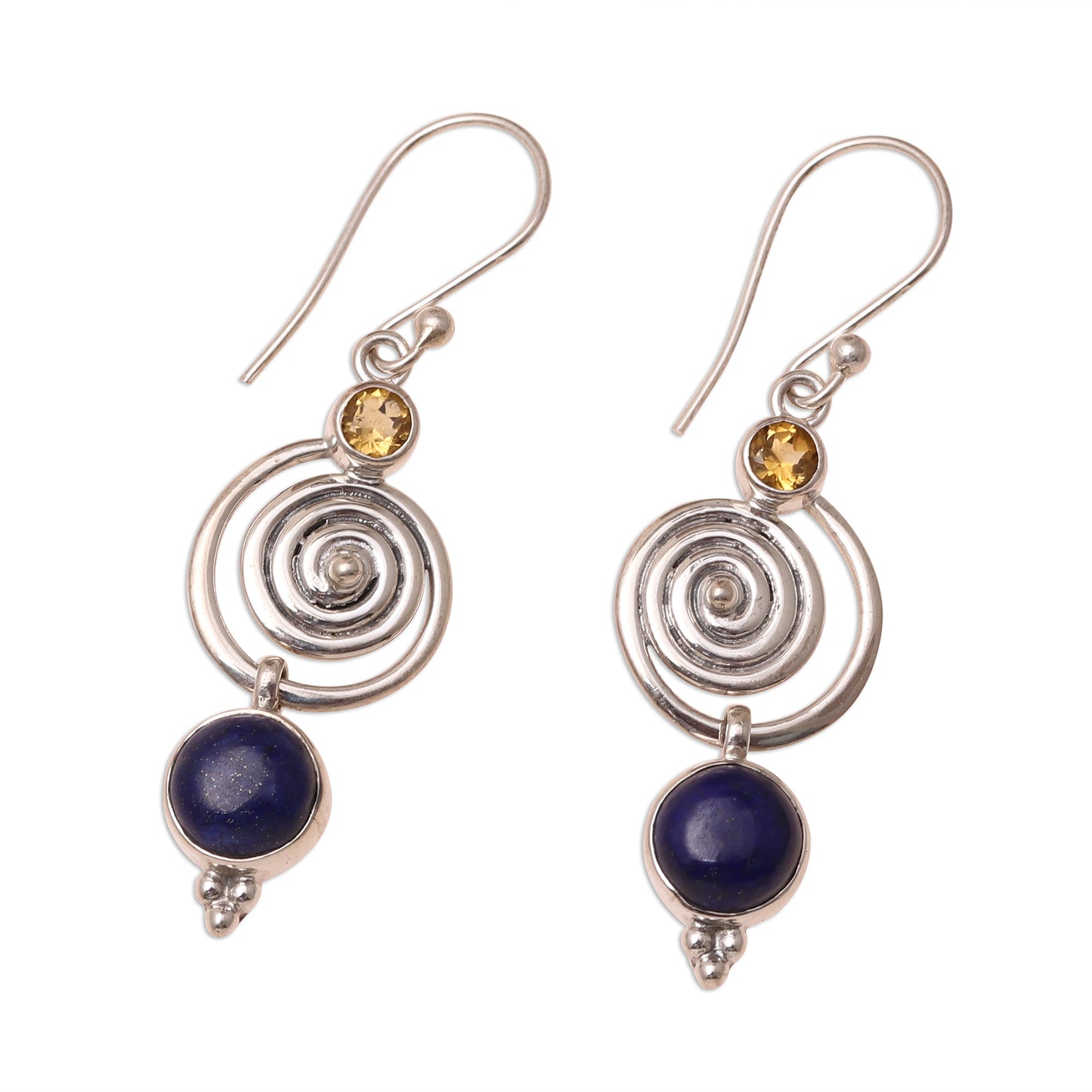 Gemstone Swirl Swirl Pattern Lapis Lazuli and Citrine Dangle Earrings