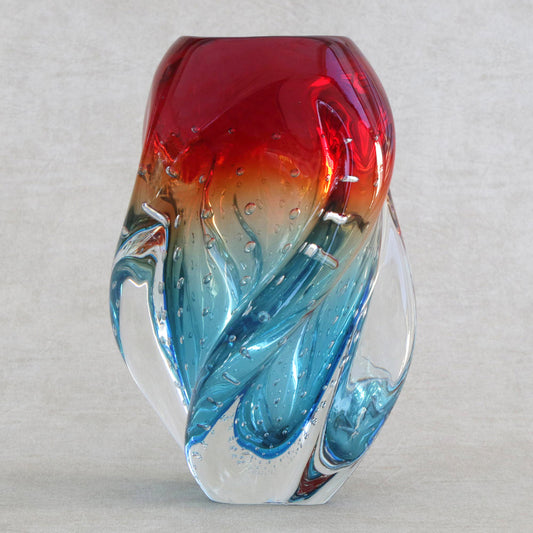 Blue and Red Twist Blue and Red Handblown Art Glass Vase from Brazil