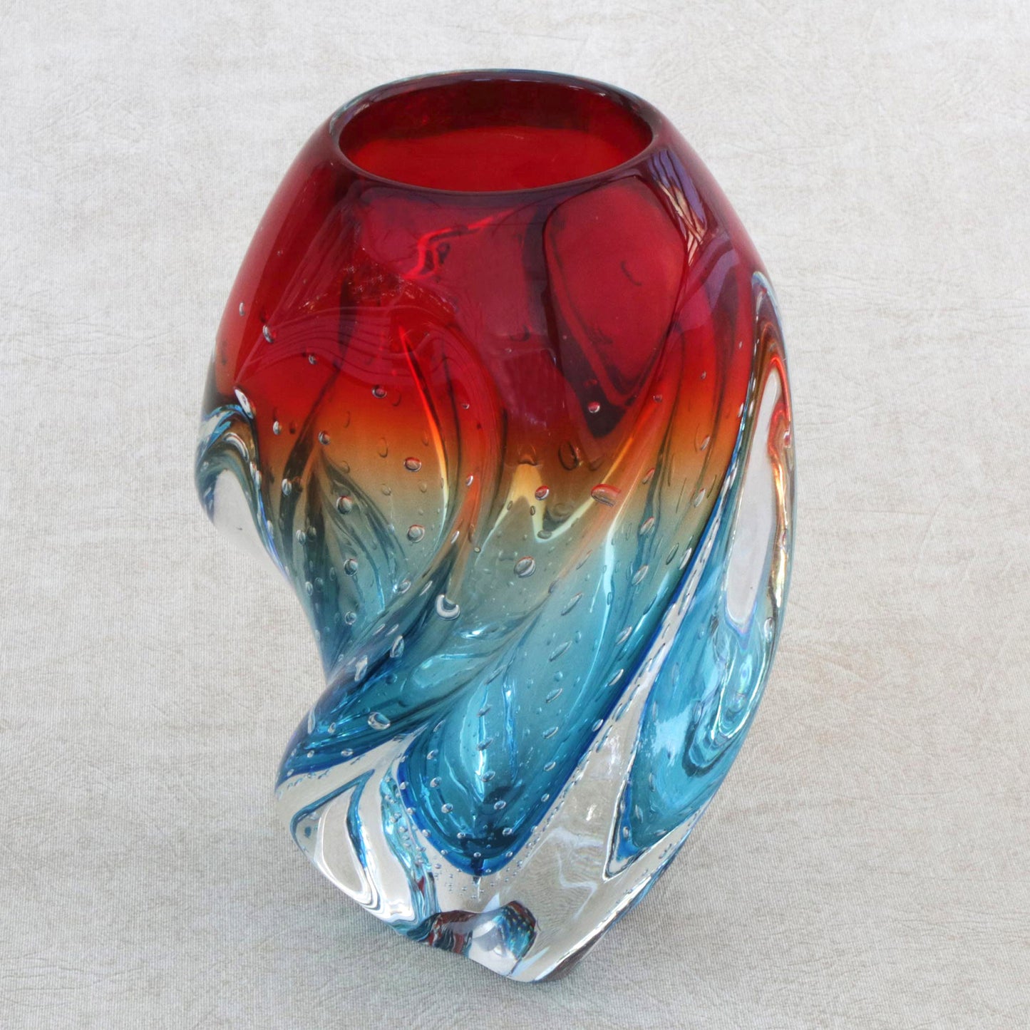 Blue and Red Twist Blue and Red Handblown Art Glass Vase from Brazil