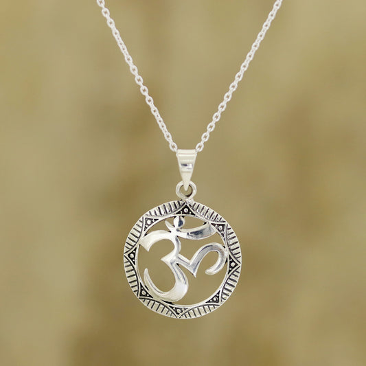 Meditative Medallion Sterling Silver Om Pendant Necklace from India