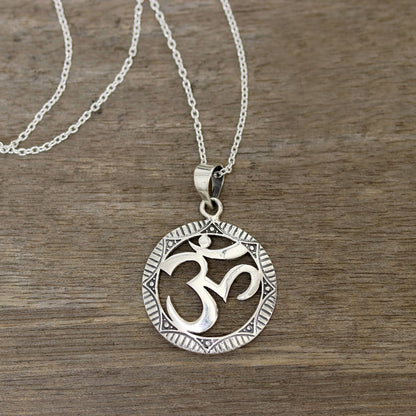 Meditative Medallion Sterling Silver Om Pendant Necklace from India