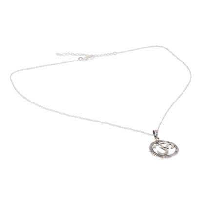 Meditative Medallion Sterling Silver Om Pendant Necklace from India