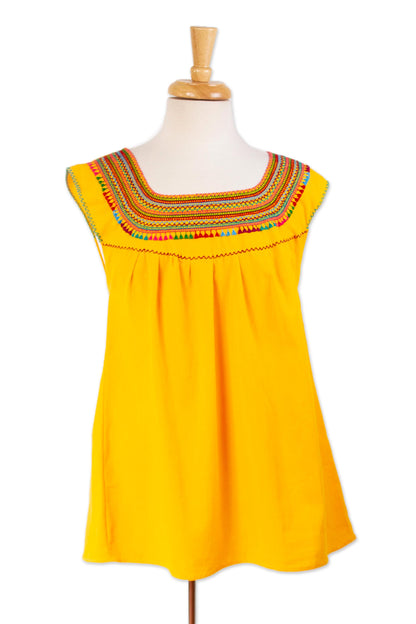 Marigold Summer Handwoven Saffron Cotton Sleeveless Blouse from Mexico