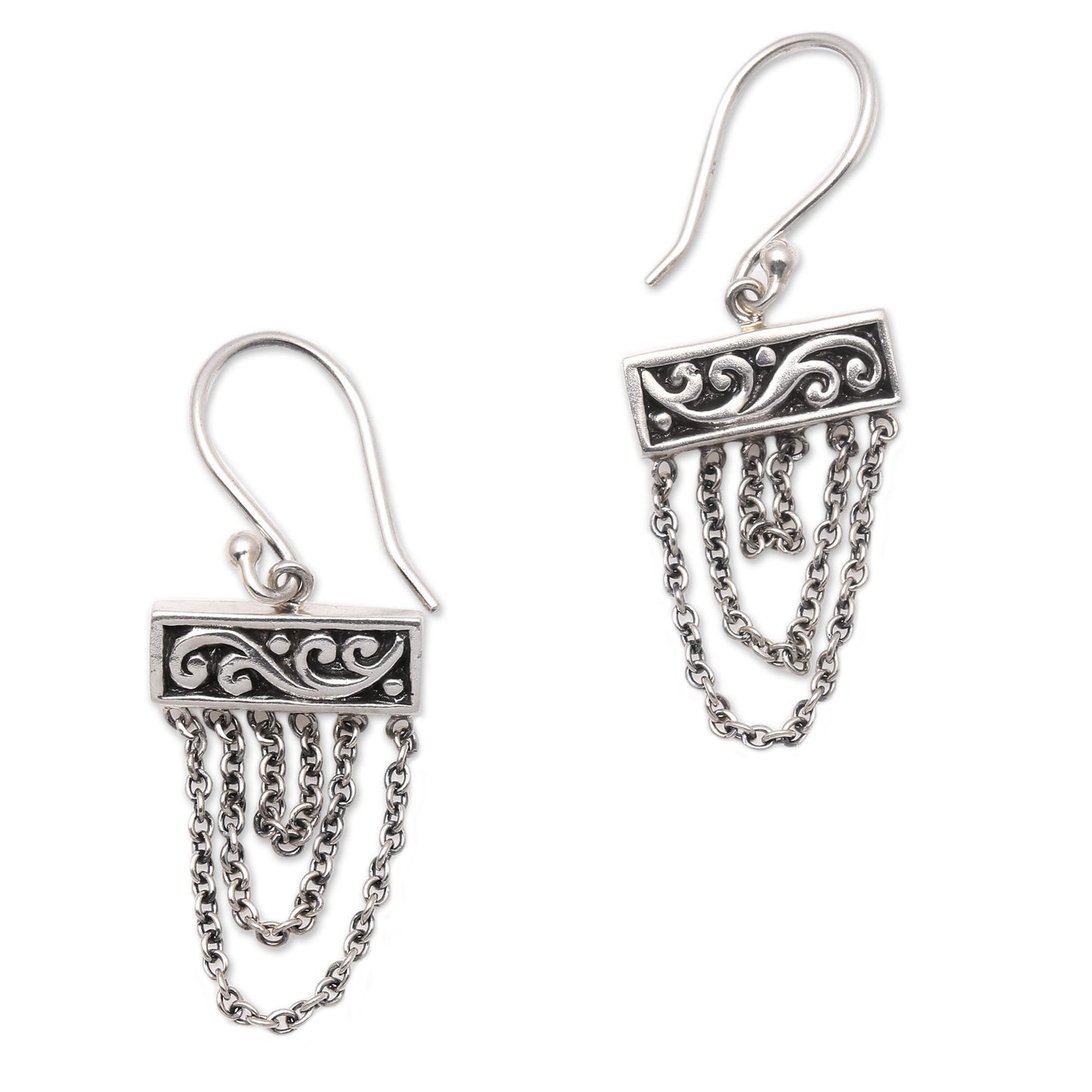 Traditional Chain Sterling Silver Dangle Earrings with Chain from Bali