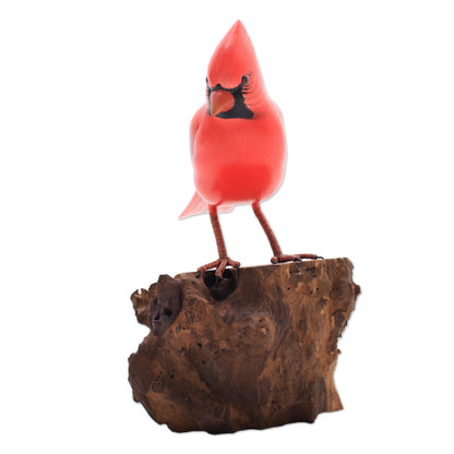 Perched Virginia Cardinal Hand-Painted Wood Virginia Cardinal Sculpture from Bali