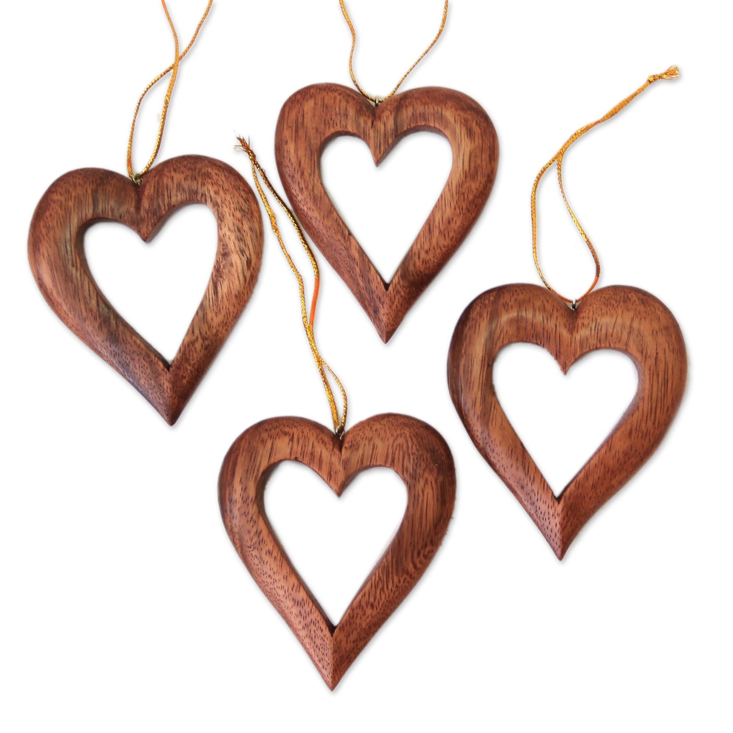 Heart Grain Heart-Shaped Suar Wood Ornaments from Bali (Set of 4)