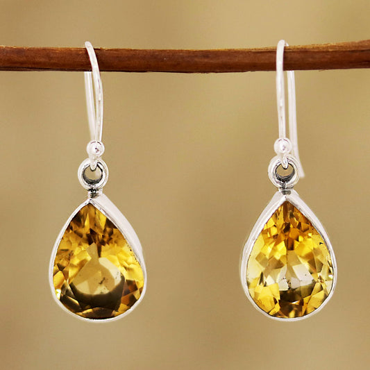 Yellow Glimmer 9-Carat Teardrop Citrine Dangle Earrings from India