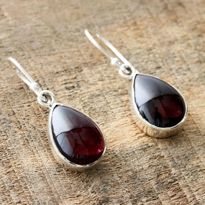 Red Glimmer Natural Teardrop Garnet Dangle Earrings from India