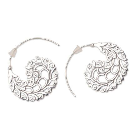 Romantic Vines Vine Pattern Sterling Silver Half-Hoop Earrings from Bali