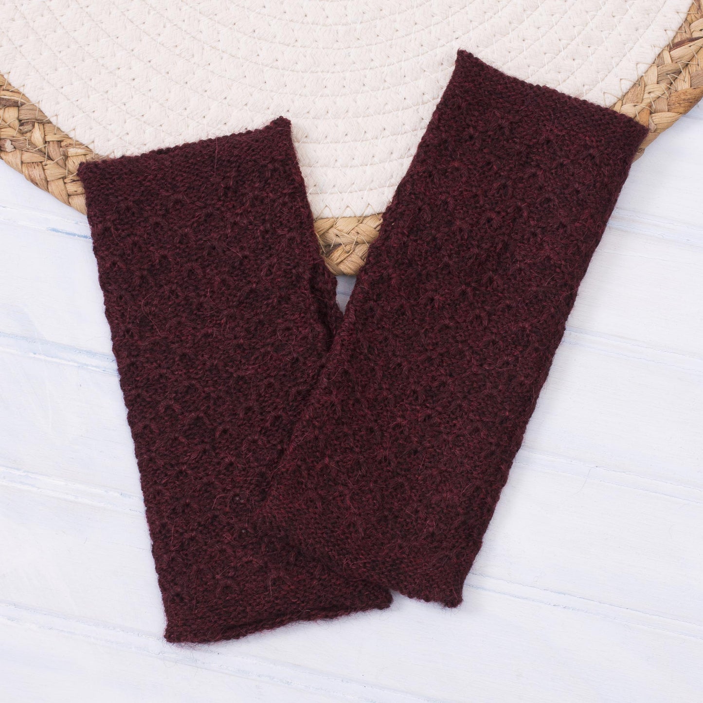 Passionate Pattern in Maroon Patterned 100% Baby Alpaca Fingerless Mitts in Maroon