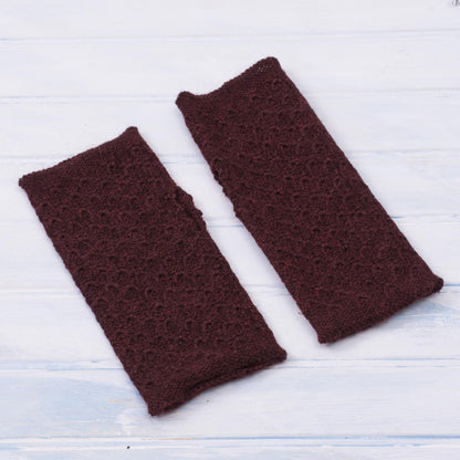 Passionate Pattern in Maroon Patterned 100% Baby Alpaca Fingerless Mitts in Maroon