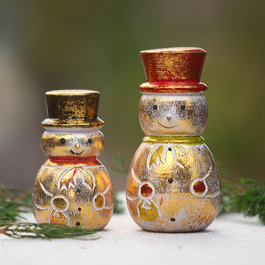 Smiling Snowmen Distressed Gold-Tone Wood Snowman Holiday Decor (Pair)