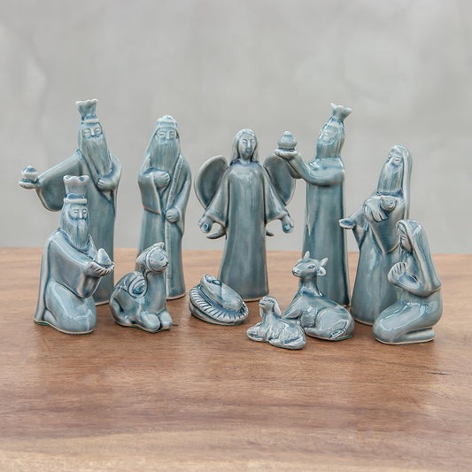 Blue Christmas Blue Celadon Ceramic Nativity Scene (11 Piece)