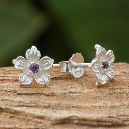 Winter Blooms Floral Amethyst Stud Earrings from Thailand