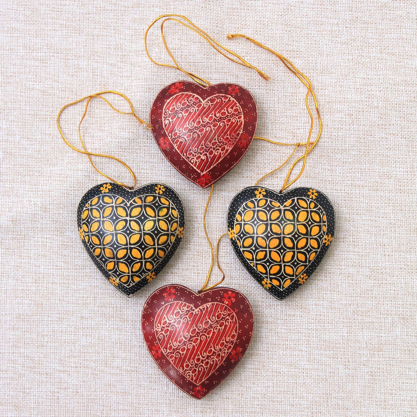 Traditional Hearts Traditional Batik Wood Heart Ornaments from Java (Set of 4)