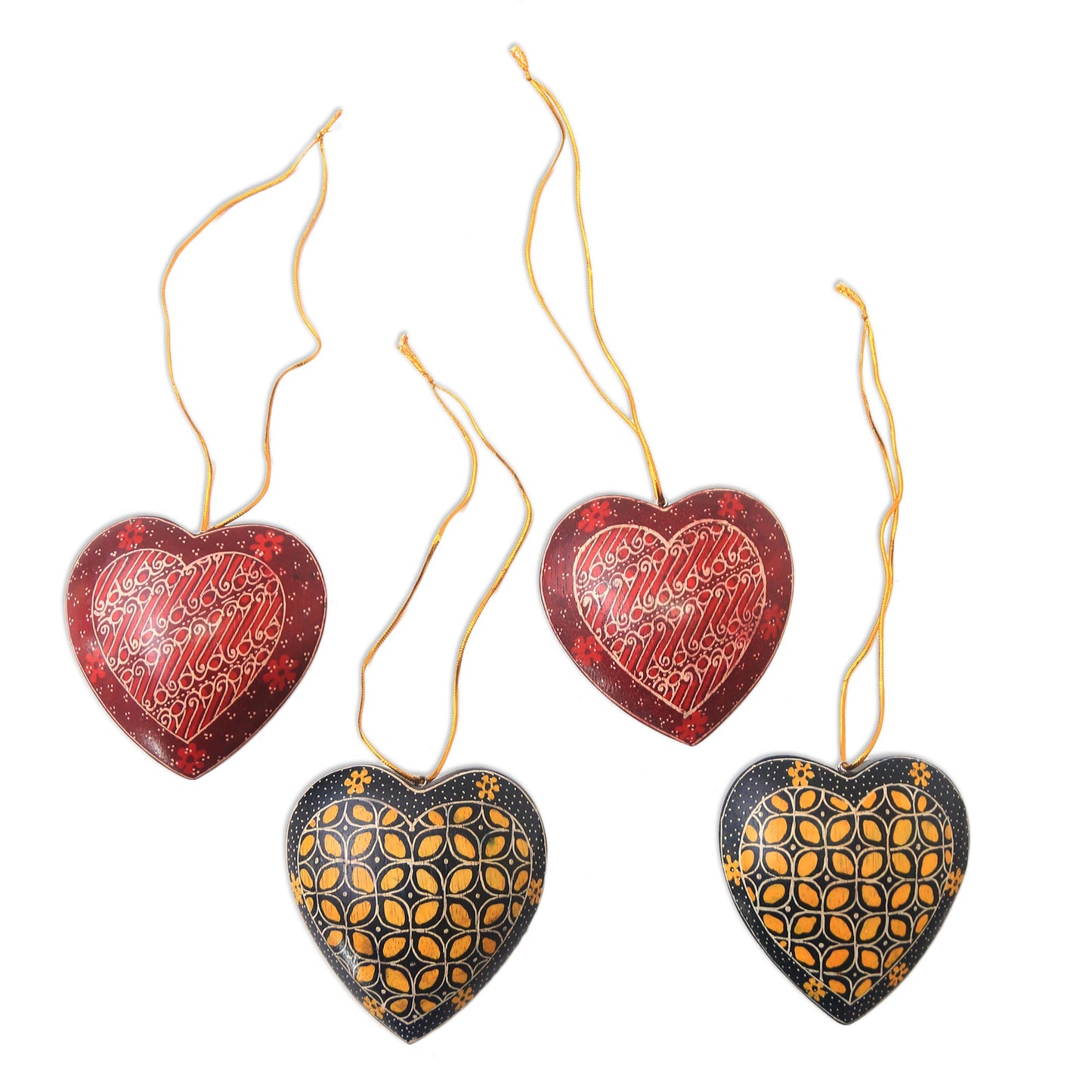 Traditional Hearts Traditional Batik Wood Heart Ornaments from Java (Set of 4)