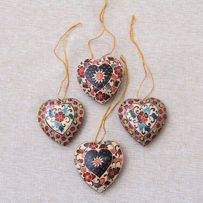 Heart Flowers Floral Batik Wood Heart Ornaments from Java (Set of 4)