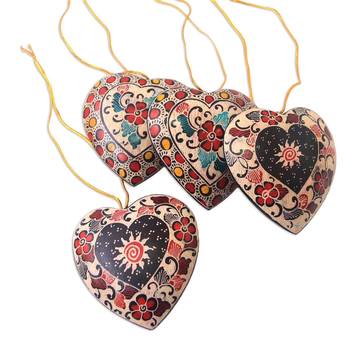 Heart Flowers Floral Batik Wood Heart Ornaments from Java (Set of 4)