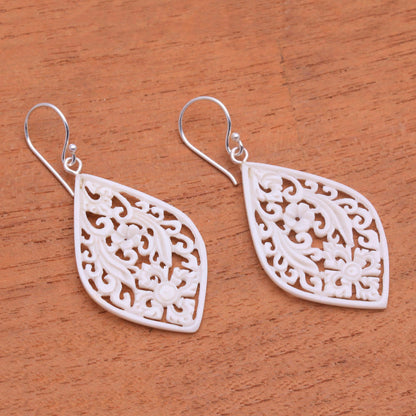 Bali Windows Hand-Carved Floral Bone Dangle Earrings from Bali