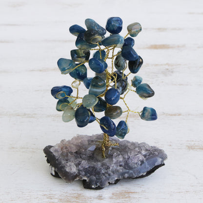 Cool Calm Blue Agate Gemstone Tree with an Amethyst Base from Brazil