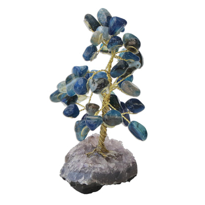 Cool Calm Blue Agate Gemstone Tree with an Amethyst Base from Brazil