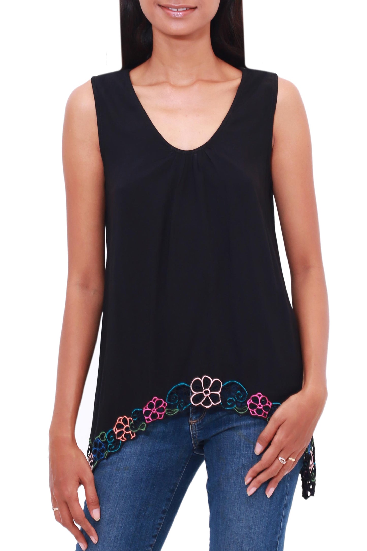 Flower Colors in Black Floral Embroidered Rayon Blouse in Black from Bali