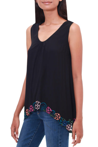 Flower Colors in Black Floral Embroidered Rayon Blouse in Black from Bali